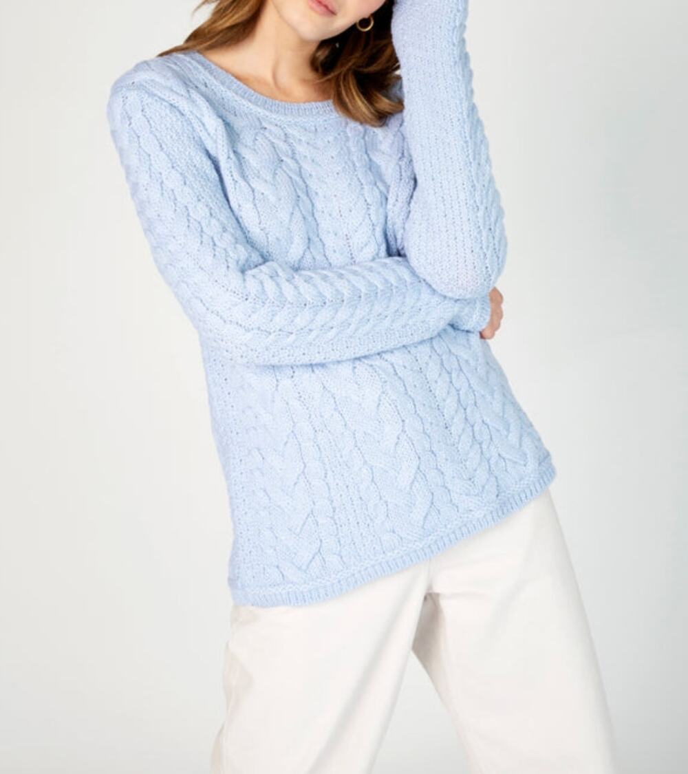 New! Ireland's Eye Ice Blue Primose A Cable Round Neck Virgin Wool M Sweater